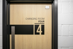 Changing room door of Bodington Football Hub