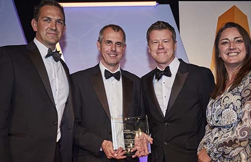 Director of Estates and Facilities collecting the award for Design Excellence at the Yorkshire Insider Property Industry Awards 2019. Photograph taken by Nick Freeman, 246Photography.
