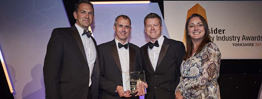 Director of Estates and Facilities collecting the award for Design Excellence at the Yorkshire Insider Property Industry Awards 2019. Photograph taken by Nick Freeman, 246Photography.