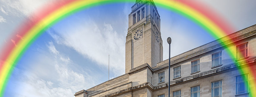 Photograph of the Parkinson Building with a photoshopped rainbow to symbolise Thank You to the NHS nad keyworkers