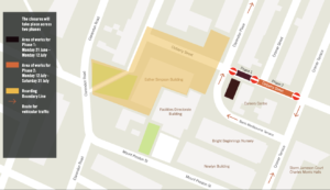 Map detailing the areas affected by works taking place on roads near the Esther Simpson Building