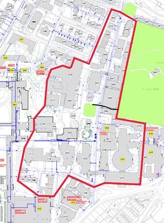 map containing red outline out affected area on campus