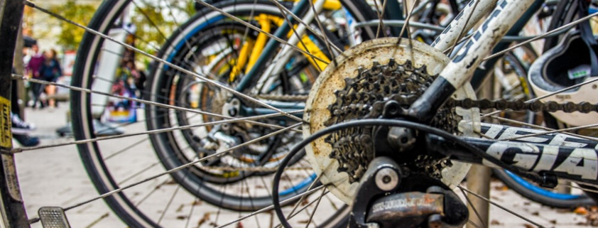 close up of bike chain on campus