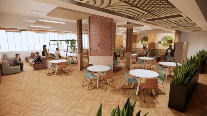 A CGI displaying the new space in EC Stoner, including tables