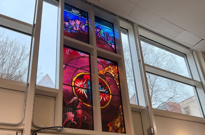 Stained glass window in Michael Sadler entrance
