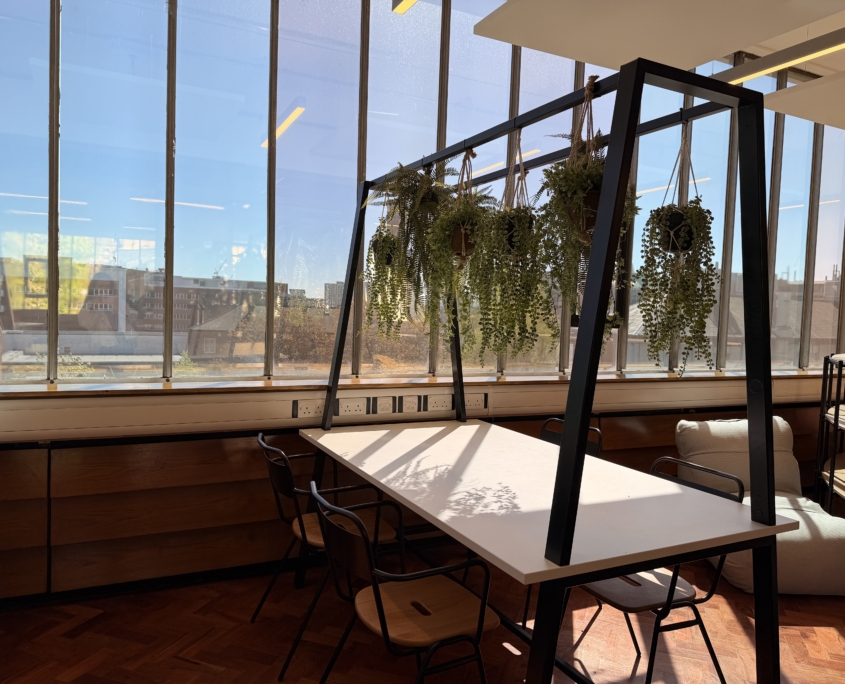 commuter lounge desk with sun shining through the window